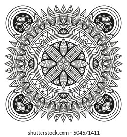 Hindu mandala pattern. Coloring book pages illustration. Oriental medallion design. Ethnic ornament for mural art prints, mehndi style tattoos, boho flourishes & embellishments. 