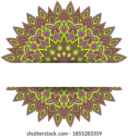 Hindu mandala vector card template with text place. Birthday greeting card design. Round floral mandala ornament with butterfly, heart, leaf, petal, flower elements. Oriantal medallion.