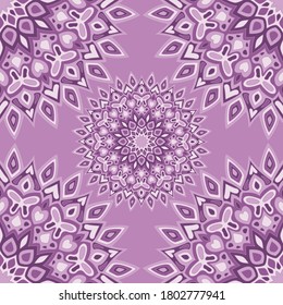Hindu mandala vector seamless pattern. Fabric print design. Round floral mandala ornament with butterfly, heart, leaf, petal, flower motifs. Indian medallion motif seamless pattern.