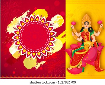 Hindu Mythological Goddess Lakshmi and blank floral frame given for your message with brush stroke effect on red and yellow background.