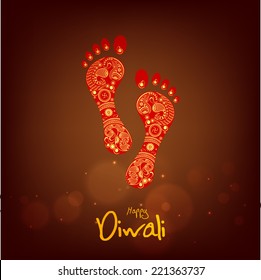 Hindu mythological Goddess Laxmi's footprint with stylish text of Diwali for Diwali celebration.