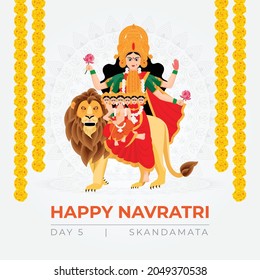 Hindu mythological illustration of Durga puja on Navratri, illustration of 9 avatars of goddess Durga, Skandamata Devi