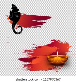 Hindu Mythological Lord Ganesha With Illuminated Oil Lamp (Diya) On Png Brush Stroke Effect. Can Be Used As Greeting Card Design.