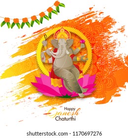 Hindu Mythological Lord Ganpati on floral brush stroke background decorated with floral garland (Toran) for Ganesh Chaturthi festival celebration.