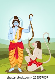 Hindu mythological Lord Rama giving blessings and Hanuman on nature background for Happy Diwali celebrations concept.