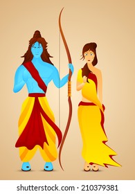 Hindu mythological Lord Rama with his wife Sita giving blessings on occasion of Dussehra festival. 