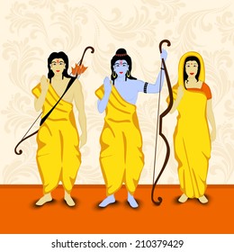 Hindu mythological Lord Rama with his brother Laxman and wife Sita giving blessings on floral decorated beige and orange background. 