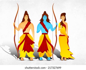 Hindu mythological Lord Rama with his wife Sita and brother Laxman in traditional clothes giving blessings on grey background. 