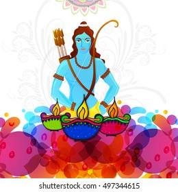 Hindu Mythological Lord Rama and illuminated Oil Lamps (Diya) on colorful abstract floral background, Vector illustration usable for Indian Festival, Diwali celebration.