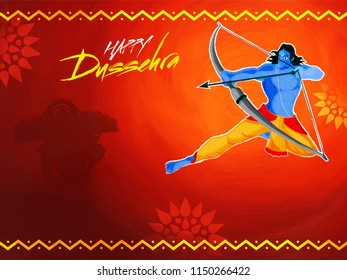 Hindu Mythological Lord Rama taking an aim against Demon Ravana concept for Dussehra Festival celebration. Poster or banner design. Hindu Mythological Lord Rama taking an aim against Demon Ravana concept for Dussehra Festival celebration. Poster or banner design.