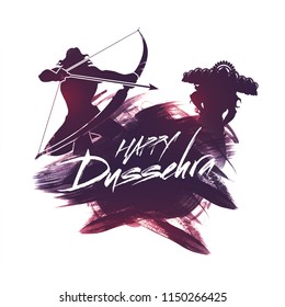 Hindu Mythological Lord Rama taking an aim against Demon Ravana on brush stroke abstract background for Dussehra festival celebration.