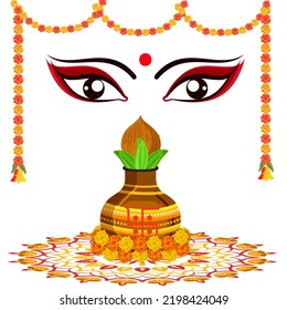 Hindu Mythology Goddess Durga Face With Traditional Pot (Kalash) Over Rangoli And Marigold Garland On White Background.