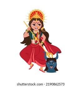 Hindu Mythology Goddess Durga Killing Mahishasura Demon On White Background.