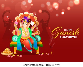 Hindu Mythology Lord Ganesha At Throne Idol With Indian Sweet (Laddu) And Silhouette Tutari Player Men On Red Bokeh Effect Background For Happy Ganesh Chaturthi Celebration.