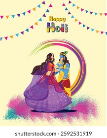 Hindu Mythology Lord Krishna and Goddess Radha Performing Dance on Splashing Colors Background For Happy Holi Celebration Concept.