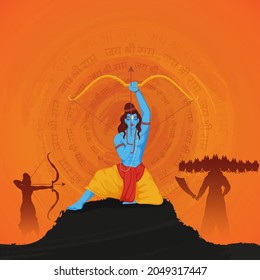 Hindu Mythology Lord Rama Fighting Between Ravana On Orange Jay Shri Rama Hindi Text Pattern Background.