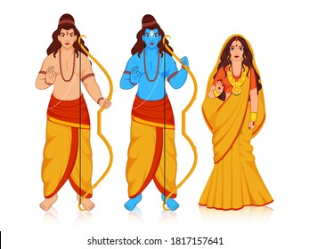 Hindu Mythology Lord Rama with His Wife Sita and Brother Laxman Giving Blessings Together in Standing Pose on White Background.