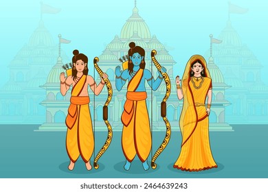 Hindu Mythology Lord Rama with His Wife Sita, Little Brother Lakshman on Decorative Ayodhya View and Happy Diwali