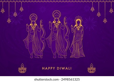 Hindu Mythology Lord Rama With His Wife, Little Brother Lakshman On Purple Silhouette Ayodhya View Background. Diwali celebration greeting card, vector illustration design.