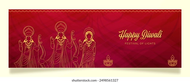 Hindu Mythology Lord Rama With His Wife, Little Brother Lakshman On Red Background. Diwali celebration banner, vector illustration design.