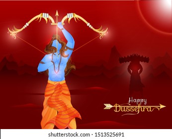 Hindu Mythology Lord Rama killing Ravana on red mountain sunshine background for Happy Dussehra celebration concept. Can be used as poster design.