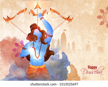 Hindu Mythology Lord Rama with temple on watercolor texture background for Happy Dussehra celebration. Can be used as banner or poster design.