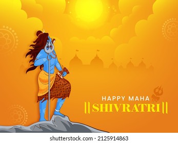 Hindu Mythology Lord Shiva Standing Over Rock On Sunshine Orange Silhouette Temple Background For Happy Maha Shivratri Concept.