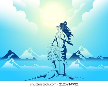Hindu Mythology Lord Shiva Standing Over Icing Rock On Sunshine Blue Mountain Background.