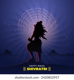 Hindu Mythology Lord Shiva Standing Over Mountain with Rounded Om Namah Shivaya Text On Blue Rays Background For Maha Shivratri Celebration Concept.