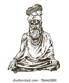 Hindu in national dress. Indian spiritual monk meditating and landmark or architecture. Traditional religious sadhu. engraved hand drawn in old sketch, vintage style.