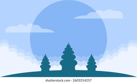 Hindu New Year. Bali's Day of Silence. Balinese Temple Silhouette with Blue Sky. Minimalist Vector.