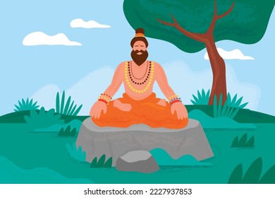 Hindu Old Sadhu meditating aura, spiritual guru sadhu praying in river giving argya, Hindu Old Sadhu meditating isolated