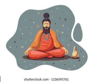 Hindu Old Sadhu meditating modern abstract style background illustration