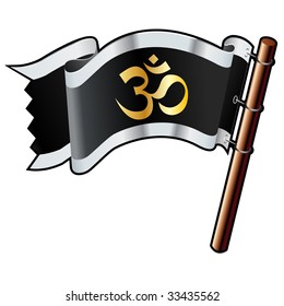 Hindu om religious icon on black, silver, and gold vector flag good for use on websites, in print, or on promotional materials