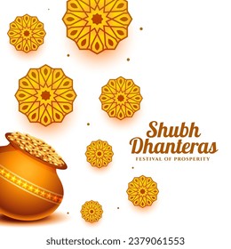 fondo decorativo hindú de shubh dhanteras religioso con vectores de maceta dorada. Traducción: Shubh Dhanteras, shubh significa feliz, dhan significa riqueza y teras significa trece