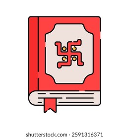 Hindu Scripture Flat design style, red book with a Swastika, representing Hindu sacred texts, ideal for spiritual education, Hindu culture, and religious illustrations.
