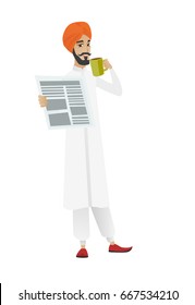 Hindu smiling businessman holding cup of coffee and newspaper. Young businessman drinking coffee and reading news in newspaper. Vector flat design illustration isolated on white background.