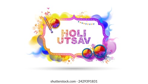 Hindu Spring festival Holi background. Greeting card, template design with colorful color pot. Vector banner poster.