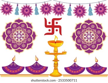 Esvástica hindú con el icono del texto del hindi del esvástica Diwali, con la lámpara de Diya y los gráficos de la guirnalda de la flor, diseño festivo perfecto para celebrar el festival de luces y realzar sus decoraciones