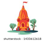 hindu temple with flag and trees isolated