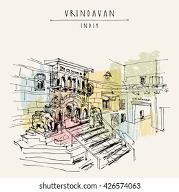 A Hindu temple in the holy city of Vrindavan, India. Sacred Krishna place. Vintage hand drawn postcard template. Vector illustration