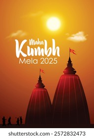 Hindu temple Indian saint walking mahakumbh Prayagraj 2025 vector poster