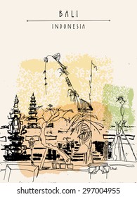 Hindu temple in Ubud, Bali, Indonesia. Traditional pagoda. Vector illustration. Grungy freehand drawing. Travel sketchy postcard poster template. Hand drawn background, copy space. Hand lettered title