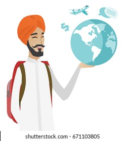 Hindu traveler man carrying a globe. Young traveler man planning holiday and holding a globe. Man travelling all over the world. Vector flat design illustration isolated on white background.