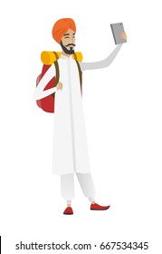 Hindu traveler man making selfie. Traveler man with backpack taking selfie with cellphone. Traveler taking selfie during summer trip. Vector flat design illustration isolated on white background.