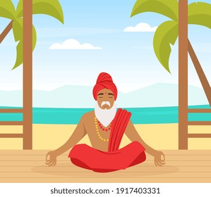 Hindu in Turban Sitting and Meditating in Yoga Lotus Position with Ocean Scenery Vector Illustration