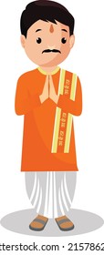 Hindu Vector Graphic Illustration. Indian Pandit Ji Saying Namaste. Mandir Pujari Ji Illustration, Individually On White Background.