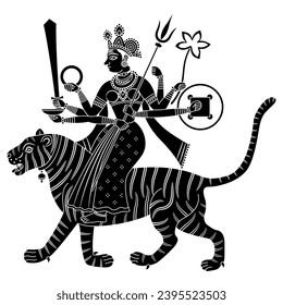 Hindu warrior goddess Durga riding a tiger. Traditional style ethnic Indian design. Black and white silhouette.