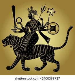 Hindu warrior goddess Durga riding a tiger. Traditional style ethnic Indian design. Black and gold silhouette.