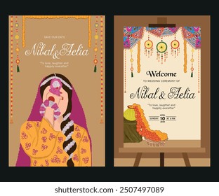 Diseño de tarjeta de boda hindú que contiene la decoración de la novia y del matrimonio para la ceremonia de Mehndi